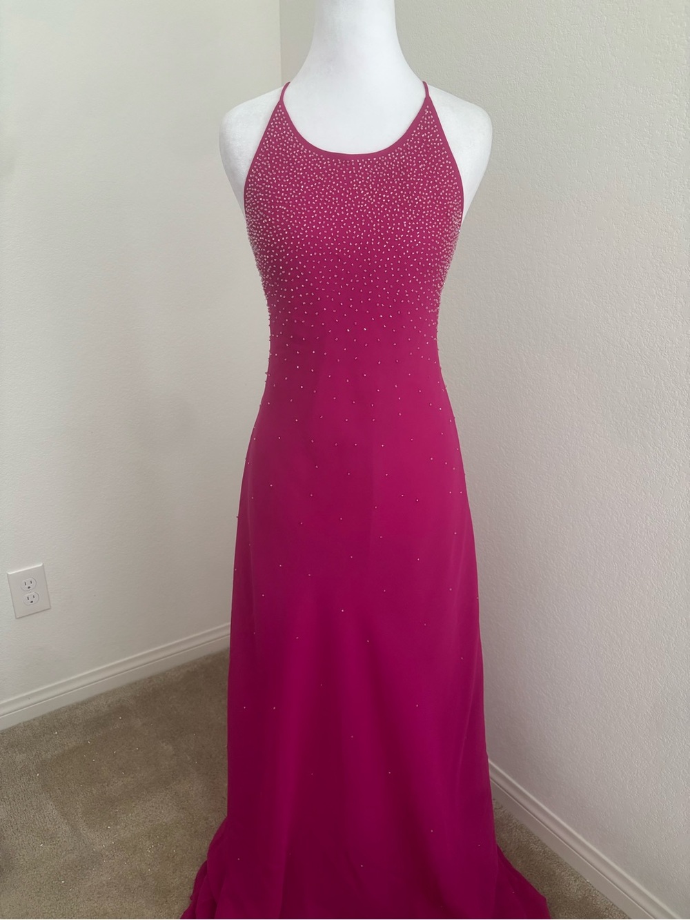 Strap Halter Beaded Prom Dress in Fuchsia